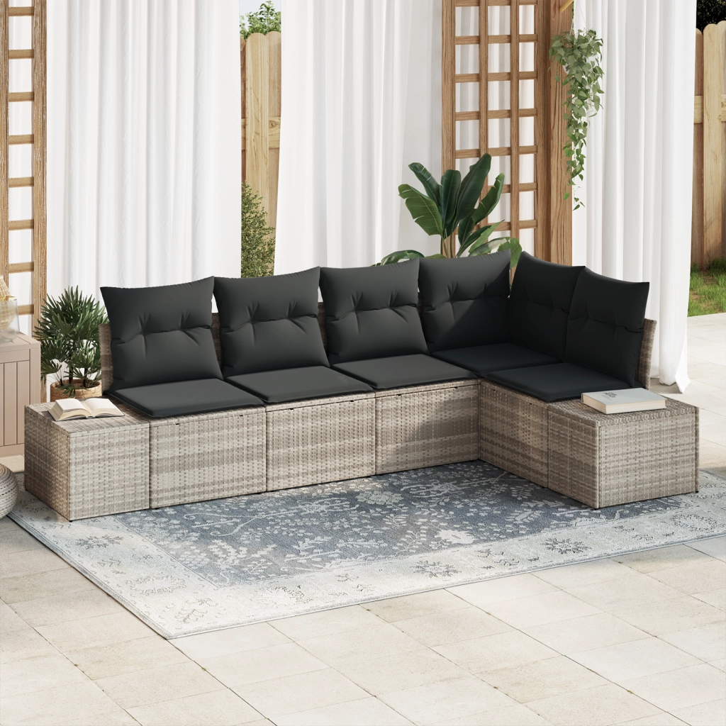 Set Divano Giardino 5 Pezzi con Cuscini Grigio Chiaro Polirattan