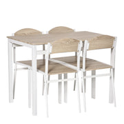 Set da pranzo composto da 5 pezzi in MDF effetto legno e metallo nei colori grigio e bianco, con 1 tavolo e 4 sedie per una sala da pranzo moderna.