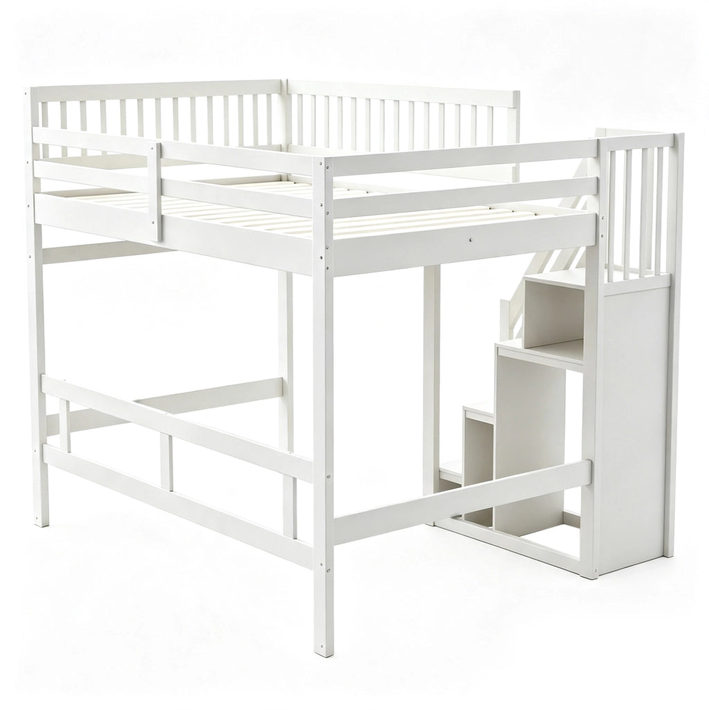 Letto rialzato 140x200 bianco con scala contenitore e sponda alta