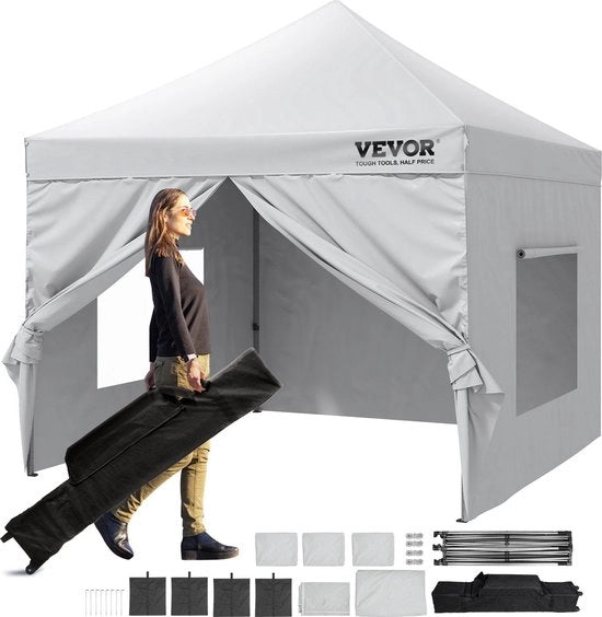 Pavilio Tuttintendibile - Altezza Regolabile - Incluso Borsa di Riposo - Tenda da Festa per 6-8 Persone - Tenda Pop-up - 3,048x3,048x3,20m - 500D Tessuto PU Argento - Bianco