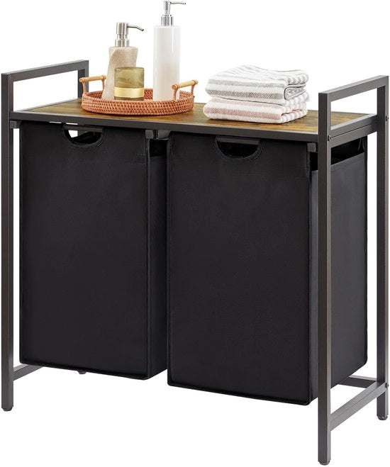 Wascazzo a doppio contenitore, 95L/47,5x2L, con cassetti e sacchetti rimovibili, separatore, lavatrice per bucato sporco per spazio lavanderia, bagno, stanza, 76x33,5x72cm, nero