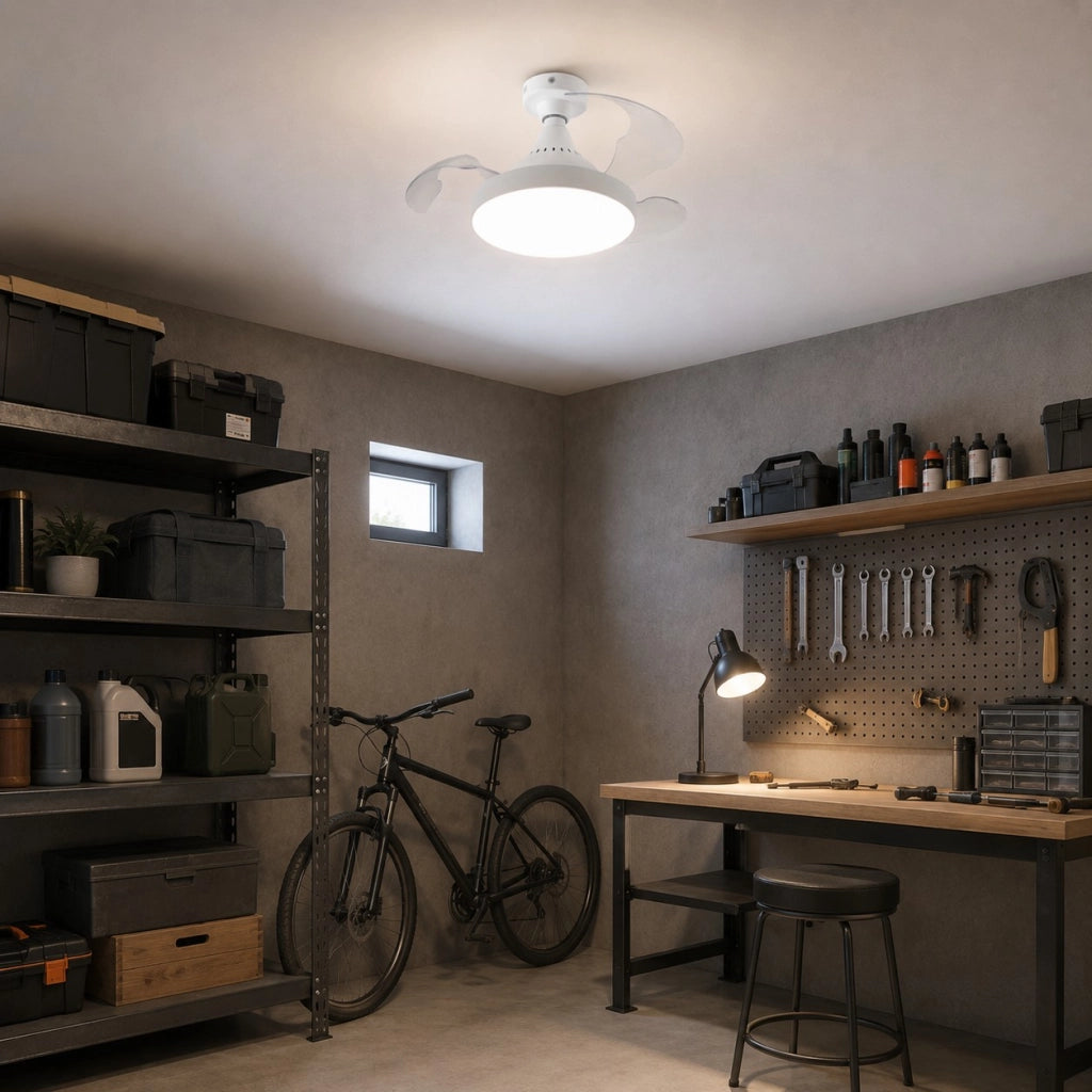 Ventilatore da Soffitto con Luce LED E27 Pale Retrattili Telecomando 4 Velocità e 3 Temperature Colore Dimmerabile