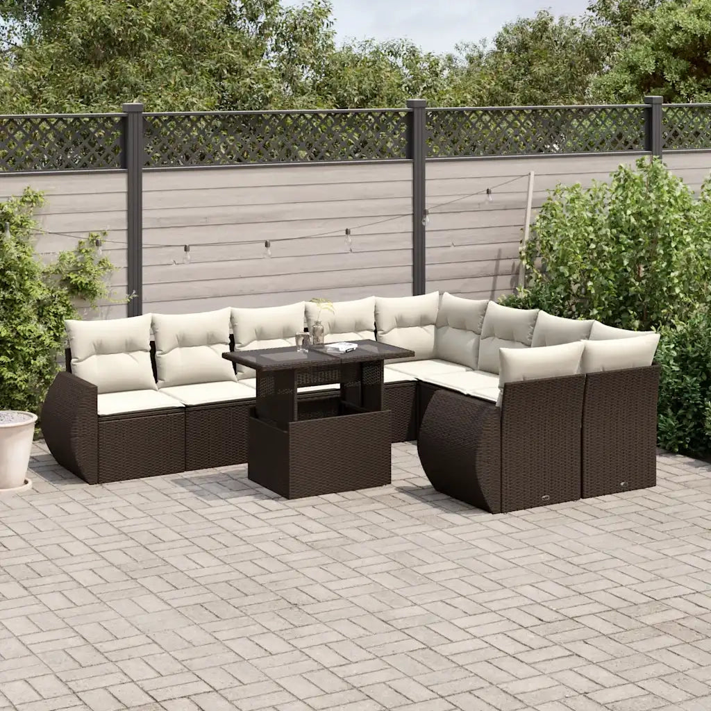 Set Divani da Giardino 10pz con Cuscini in Polyrattan Marrone