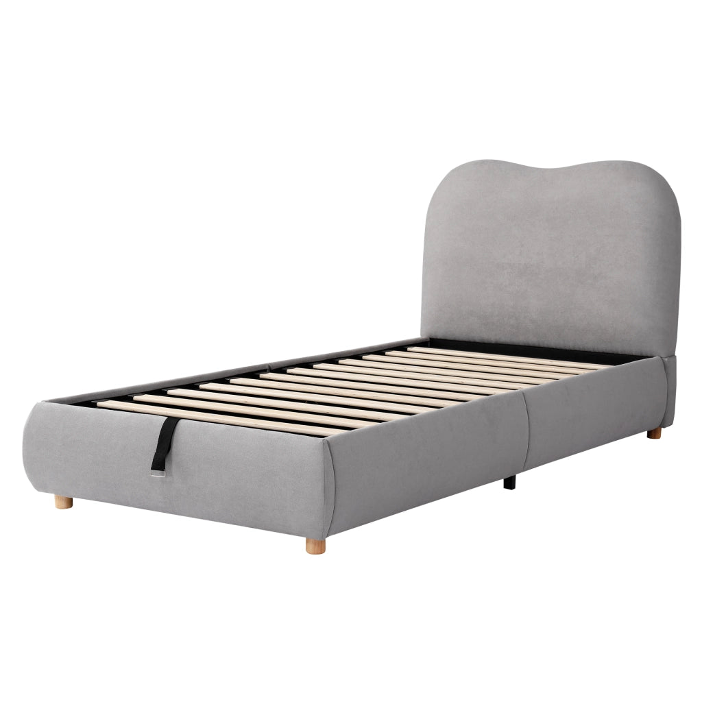Letto singolo imbottito 90 x 200 cm con contenitore idraulico, testiera imbottita, rete a doghe, grigio