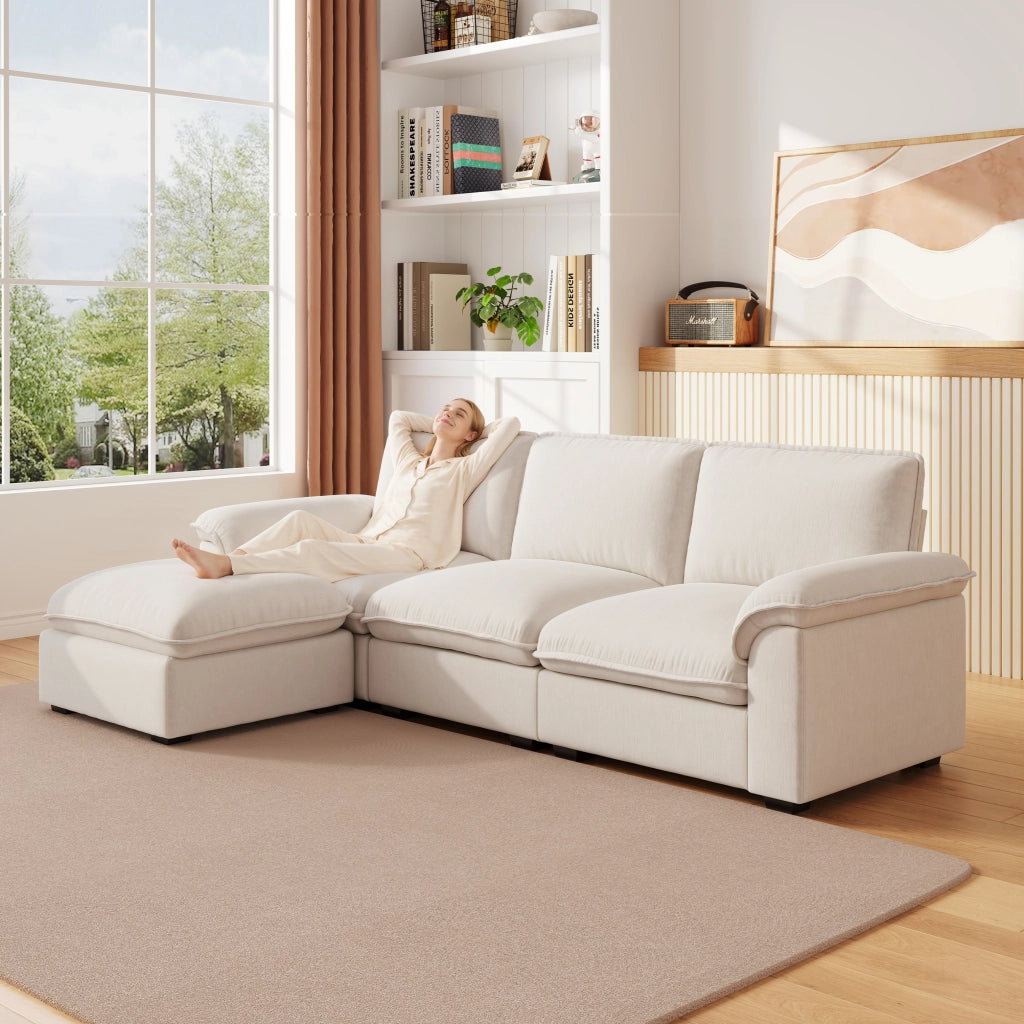 Divano angolare modulare 4 posti con ottomana configurabile cuscini di supporto design ergonomico in chenille beige