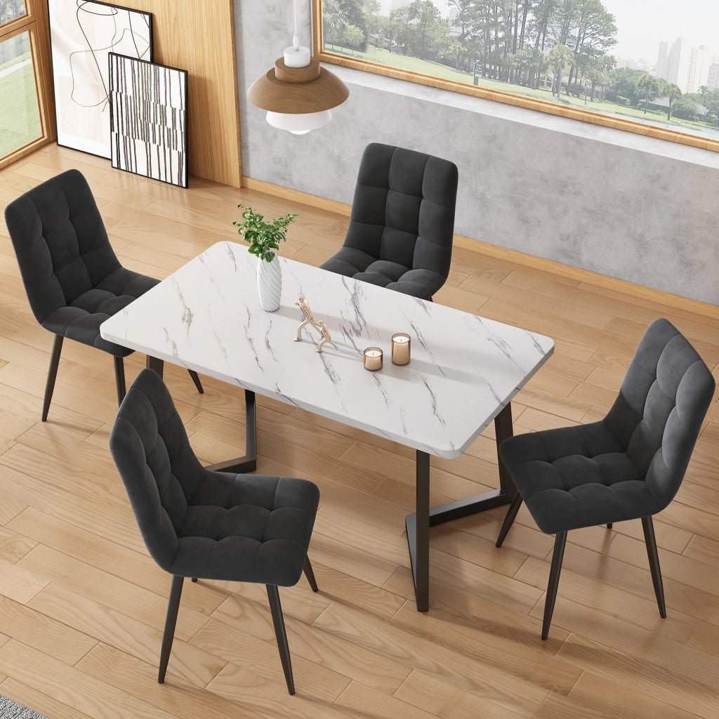 Tavolo da pranzo con piano effetto marmo e gambe in ferro nere, per soggiorno, in MDF, bianco e nero, 117 × 68 × 75 cm