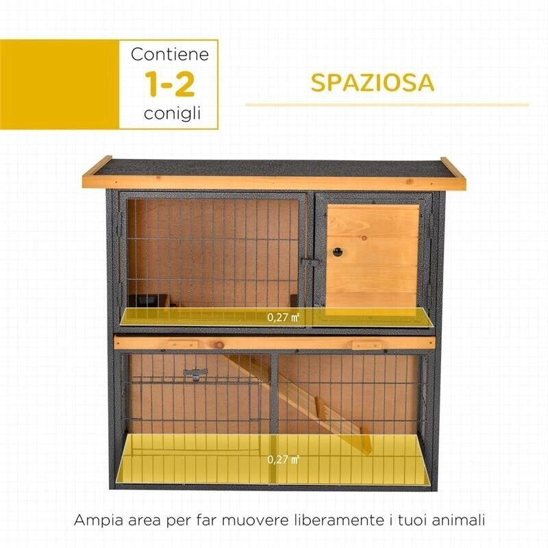 GABBIA PER CONIGLI CON RAMPA E AREA APERTA, CONIGLIERA IN LEGNO E METALLO SU 2 LIVELLI, GIALLO CHIARO, 89.5X45X81CM