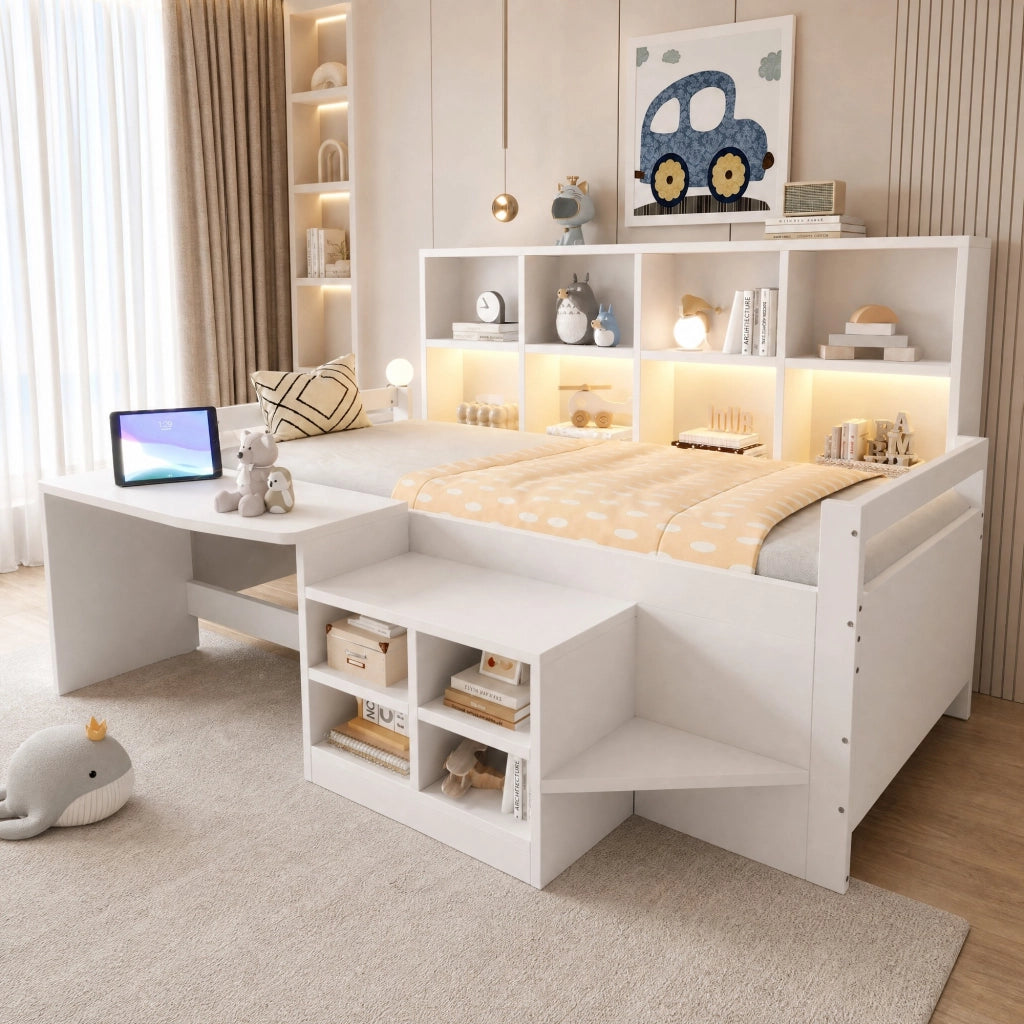 Letto singolo multifunzione 90x200 cm con scrivania; LED e vani contenitore; bianco