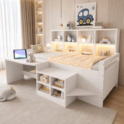 Letto singolo multifunzione 90x200 cm con scrivania; LED e vani contenitore; bianco
