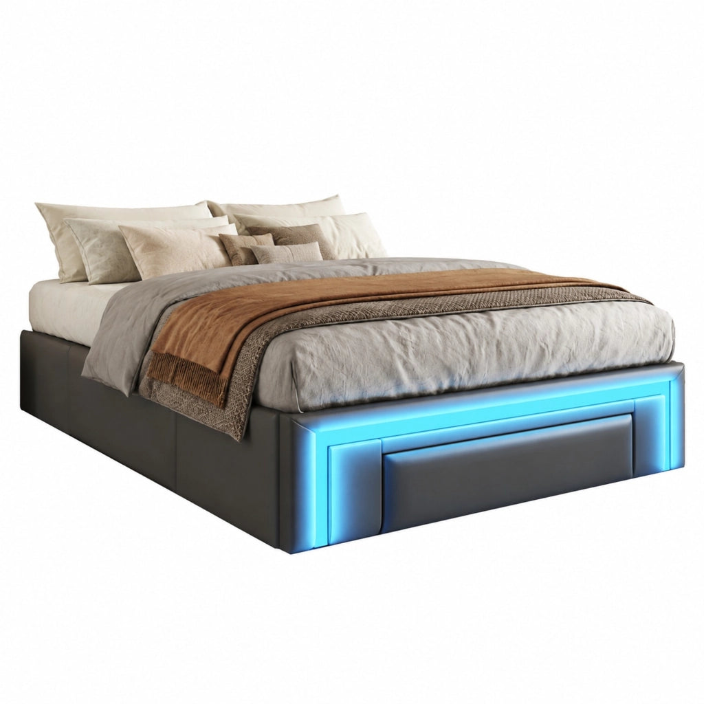 Letto imbottito 90x200 cm con cassetti e LED RGB; senza testiera; PU grigio