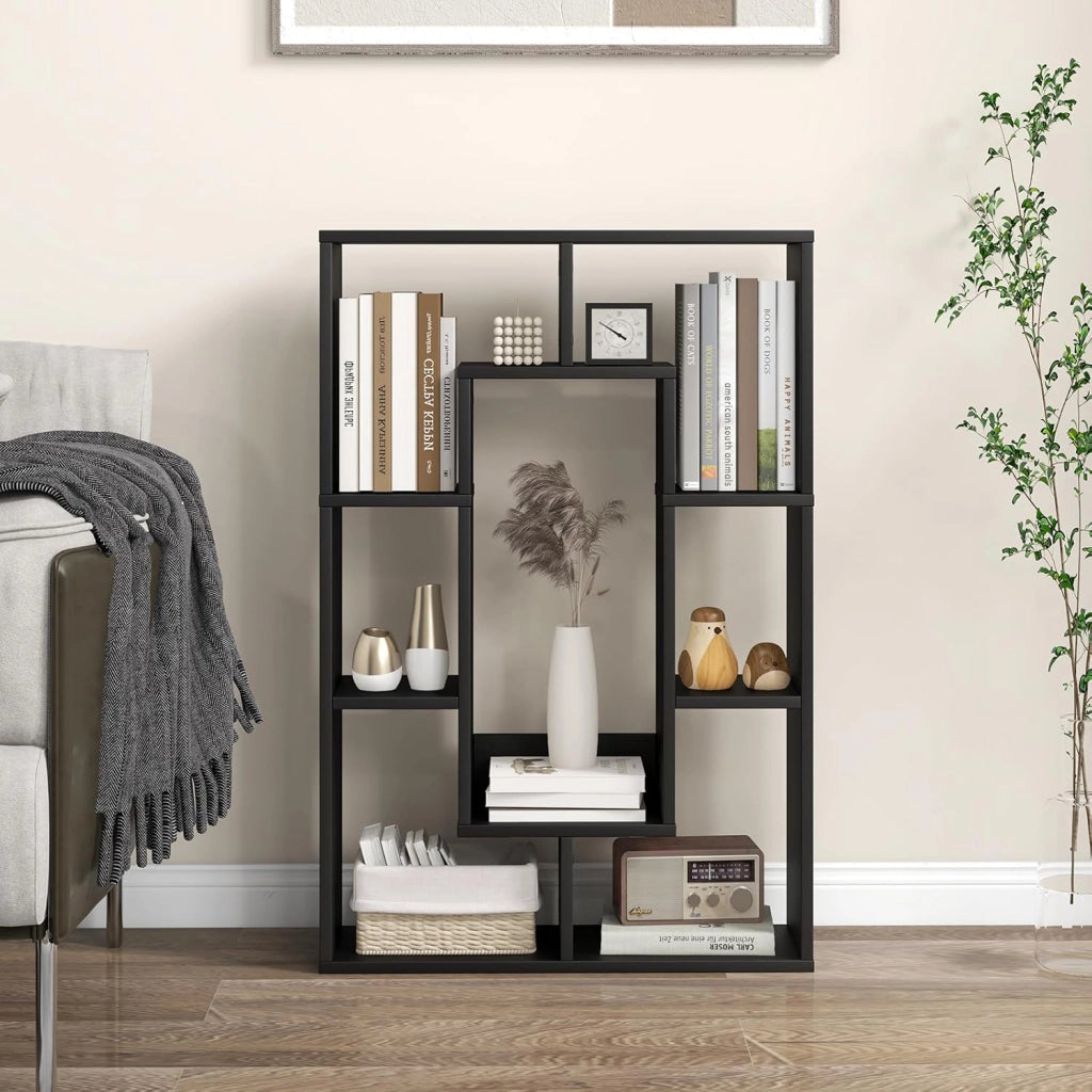 Libreria in Legno, Scaffale Aperto Geometrica a 7 Cubi, Scaffale da Esposizione con Dispositivo Anti-Ribaltamento, per Ufficio Soggiorno Camera da Letto, 60x20x90 cm (Nero)
