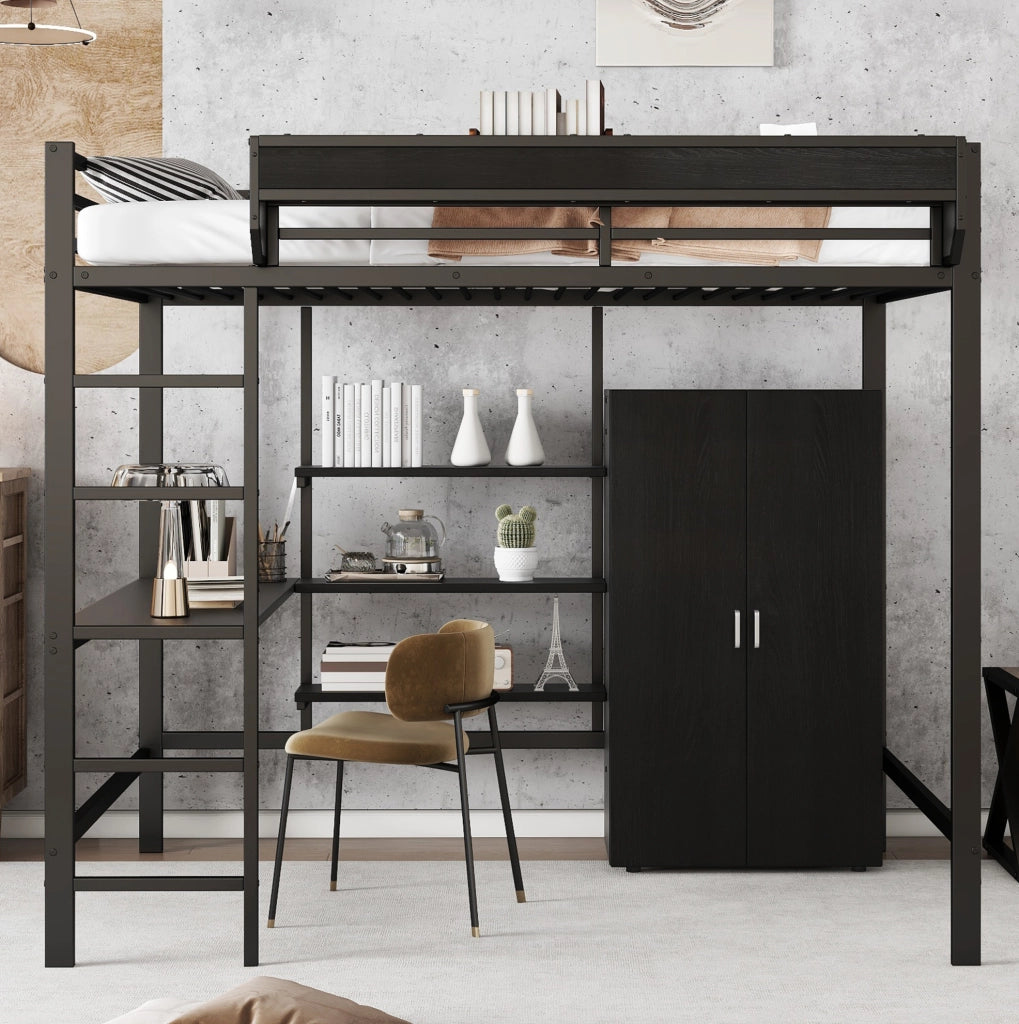 Letto a soppalco con scrivania, armadio integrato e spazio contenitivo