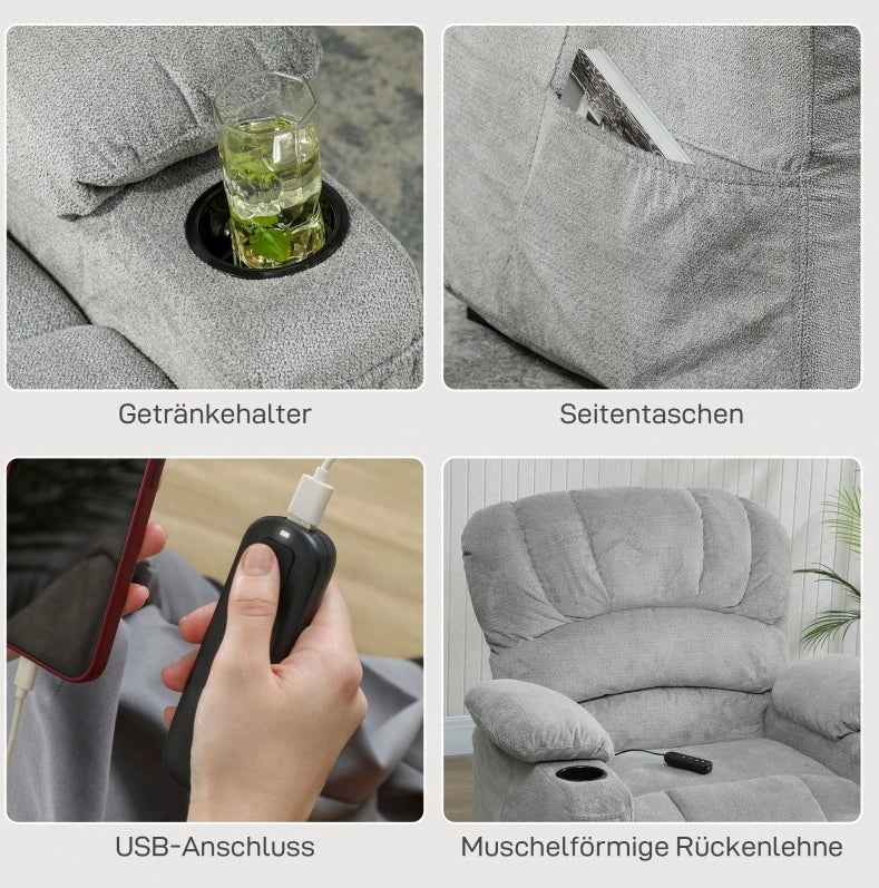 Poltrona relax elettrica grigia con USB e 2 memorie