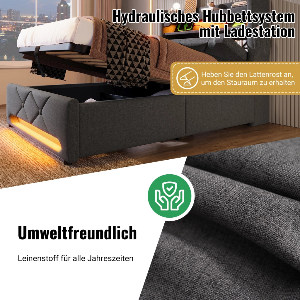 LETTO Contenitore 140x200 cm in lino grigio con materasso incluso, LED e USB