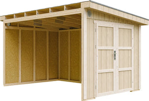 Casetta da giardino di qualità PREMIUM 8,68 mq - H231x248x412 cm - Senza pavimento e parete laterale - Timbela M939B