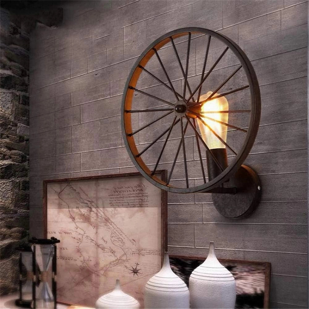 Trade Shop - Applique A Parete Stile Vintage Lampada Forma Di Ruota Bicicletta Nero E27 Aq62 -