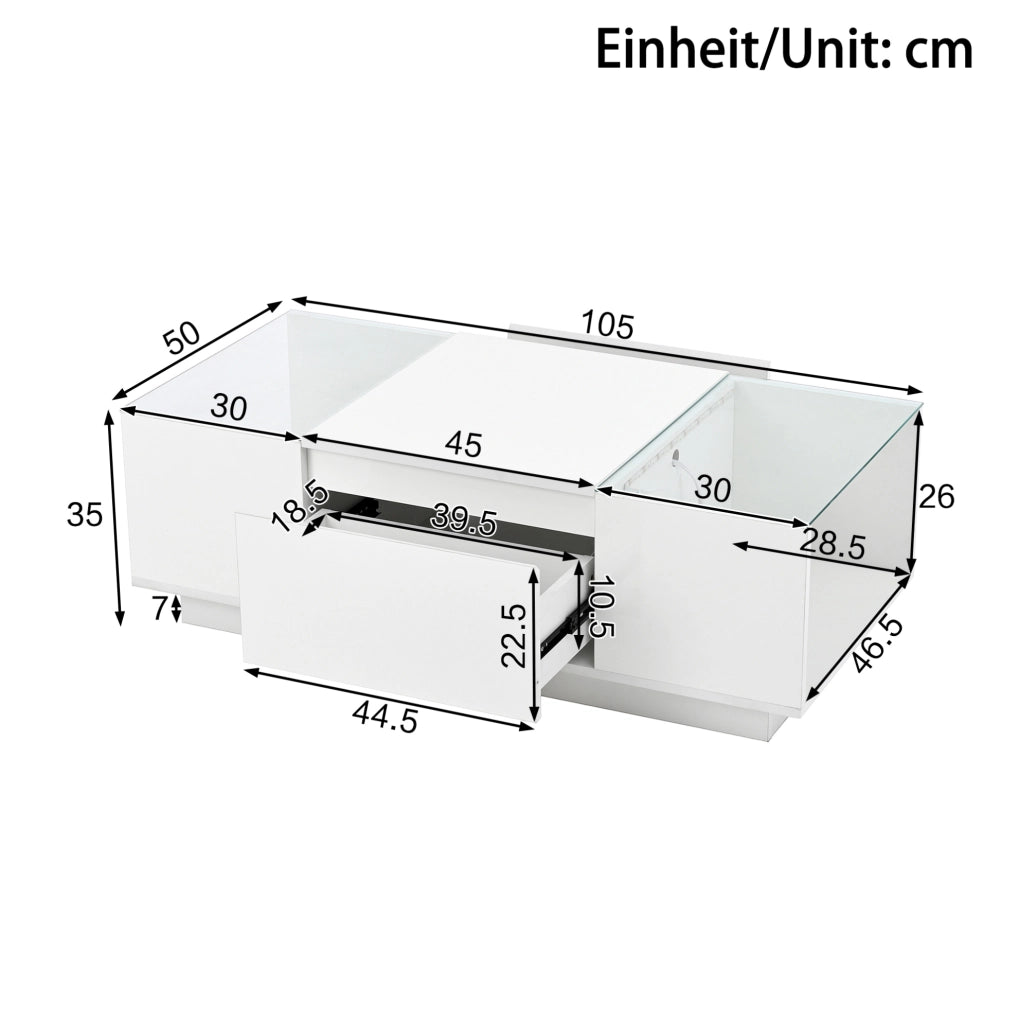 Tavolino da salotto moderno 105 x 50 x 35 cm bianco lucido con LED; ripiani e cassetti