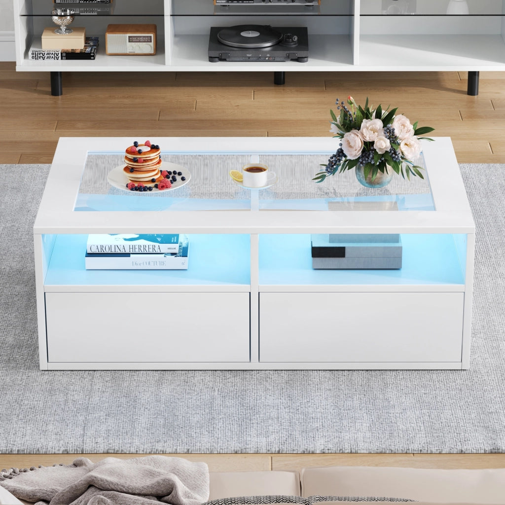 Tavolino da caffè con 2 cassetti; LED e USB - per soggiorno - 100×50×35 cm - bianco