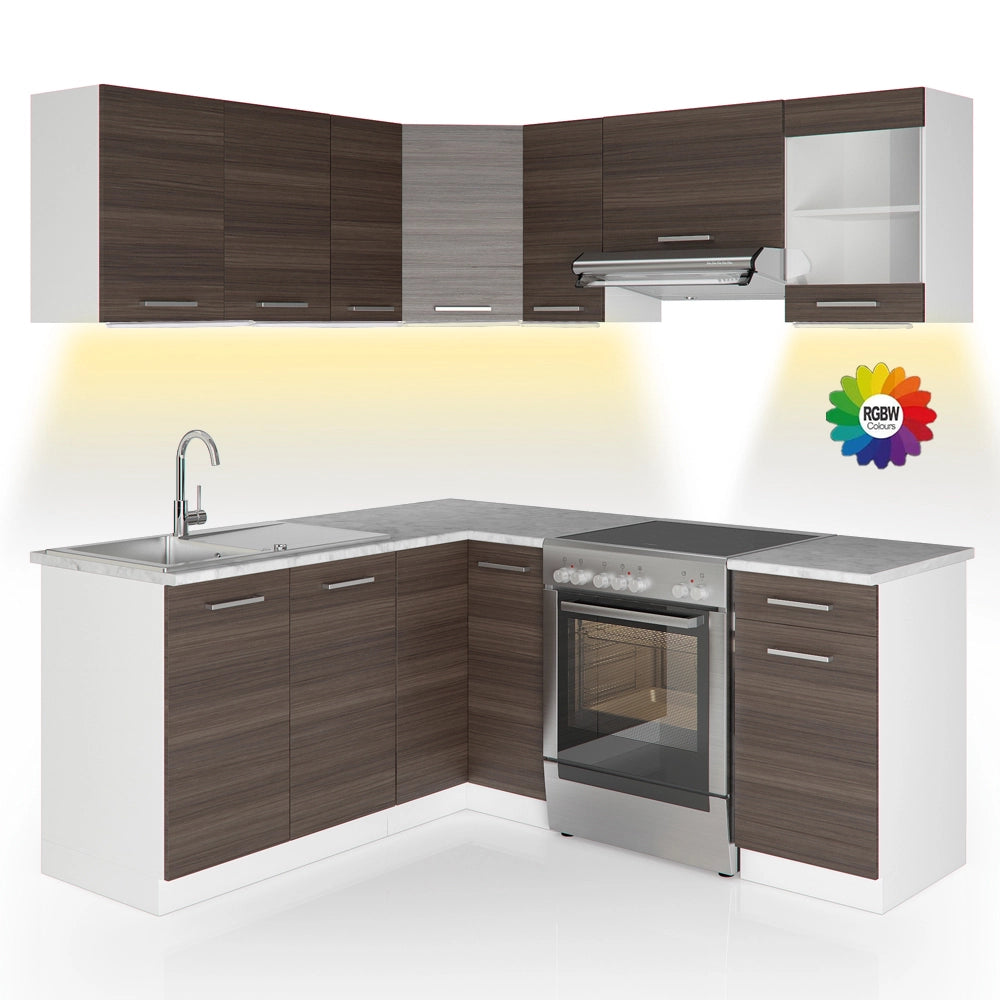 Cucina ad angolo Rick Grigio nobile/Bianco 187 x 167 cm, PL Marmo con striscia LED Vicco