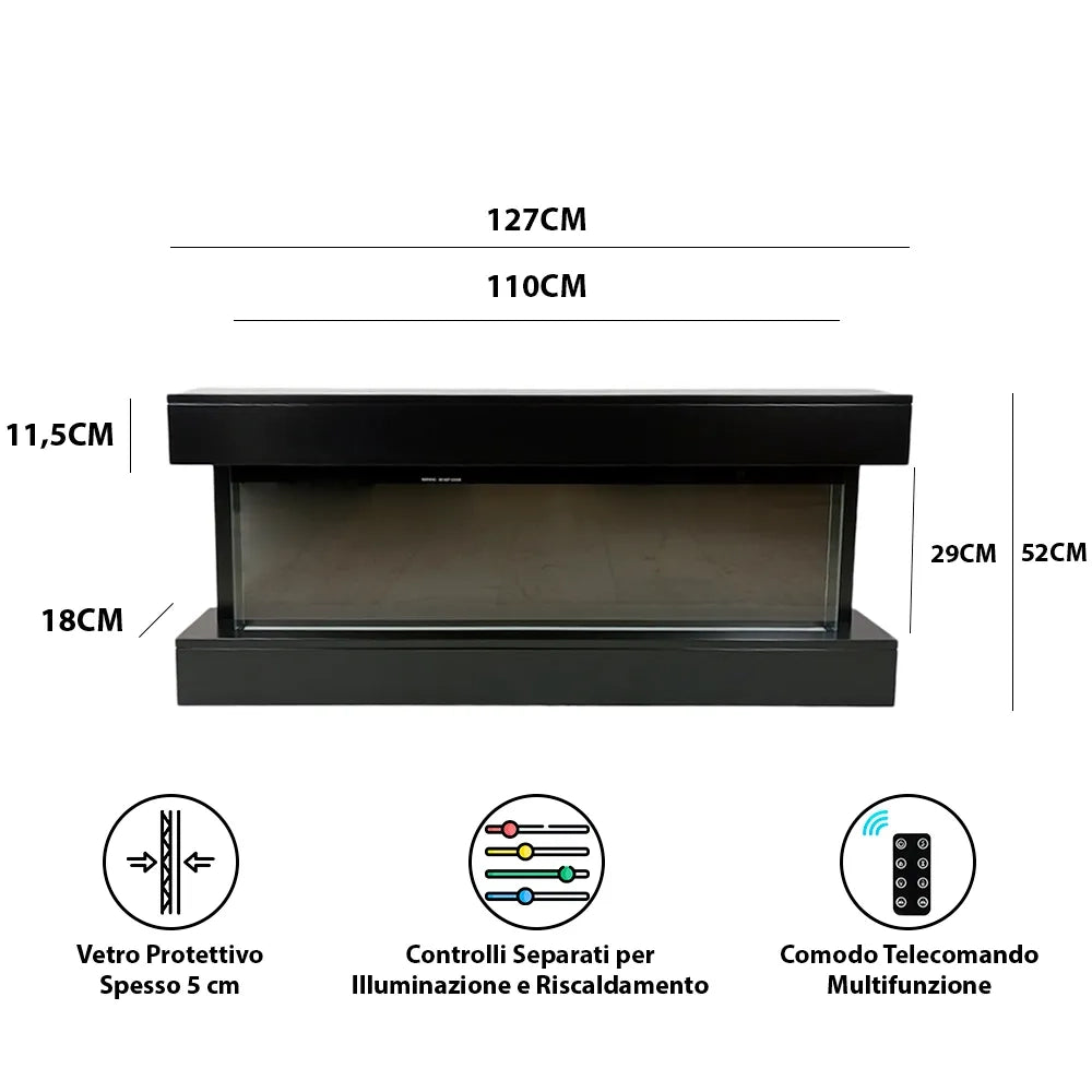 Tempo Style - Camino elettrico a parete e da incasso ALARO PLUS | Stufa ventilata da 750W/1500W a basso consumo, (Nero, 128cm)