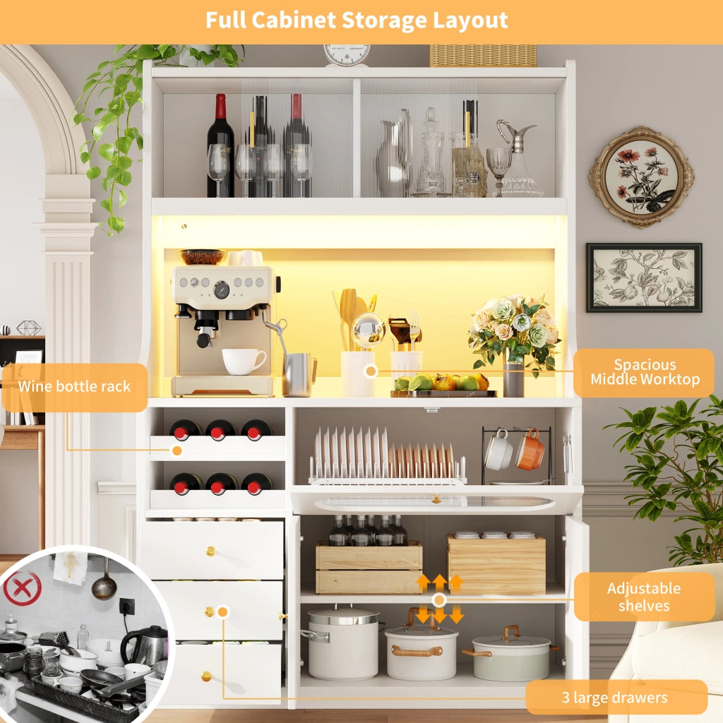 Credenza alta con vetrina, 3 cassetti e ripiani regolabili per cucina, bianco, 120 × 40 × 180 cm