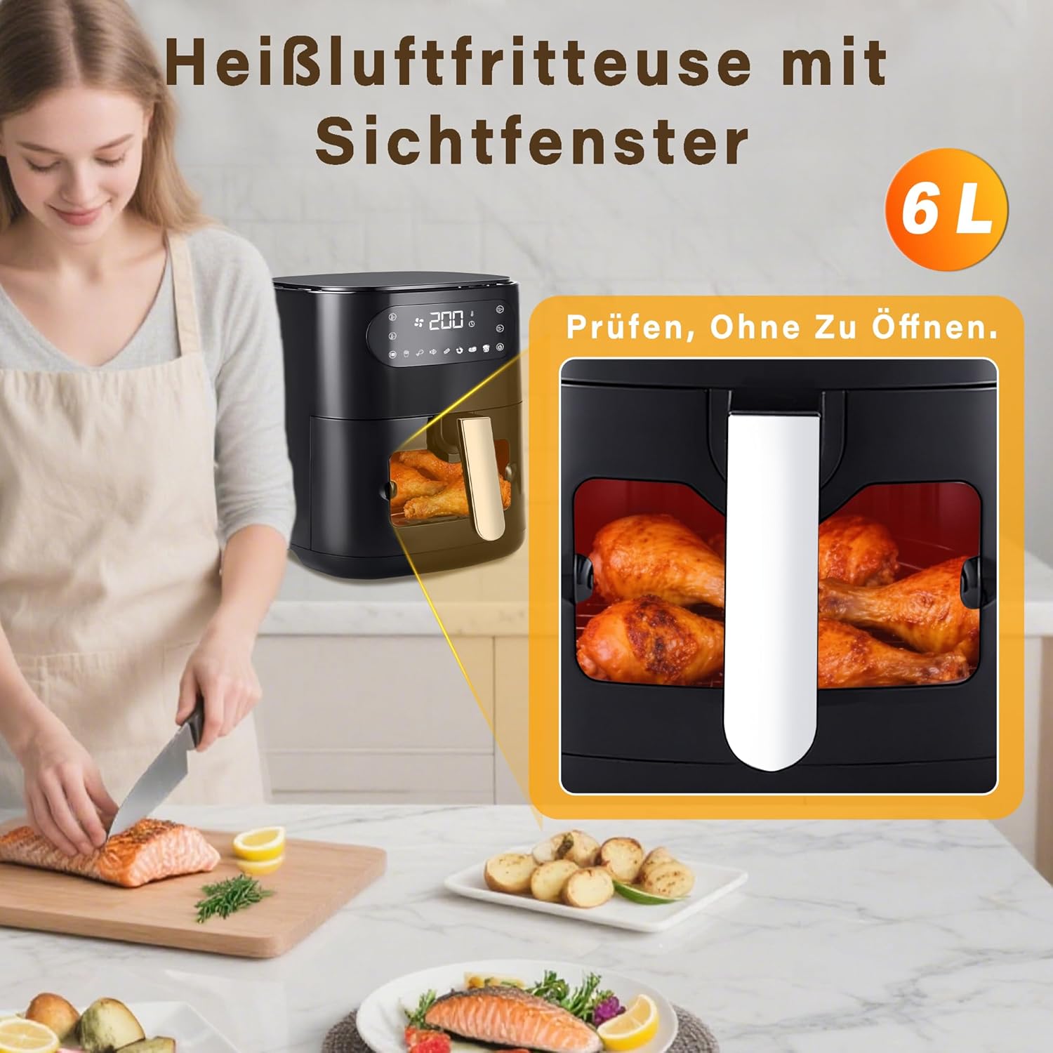 ZMH Friggitrice ad aria nera da 6 litri cestello singolo finestra di visualizzazione 7 programmi di cottura con timer