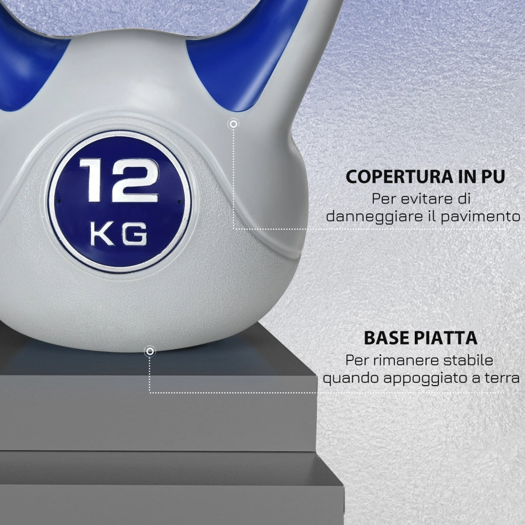 EasyComfort Kettlebell 12kg in PU e Sabbia con Base Piatta e Impugnatura per Stacchi, Squat e Sollevamenti, 24x17x28 cm, Blu