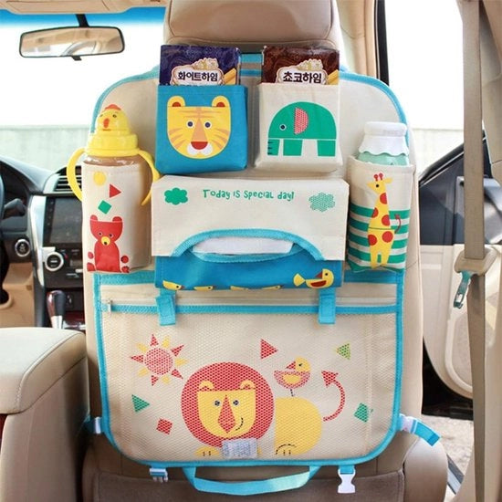 Organizzatore di auto per bambini con disegno di animali, protezione per la panchetta posteriore, 6 tasche, impermeabile, per auto con panchetta posteriore Oxford.