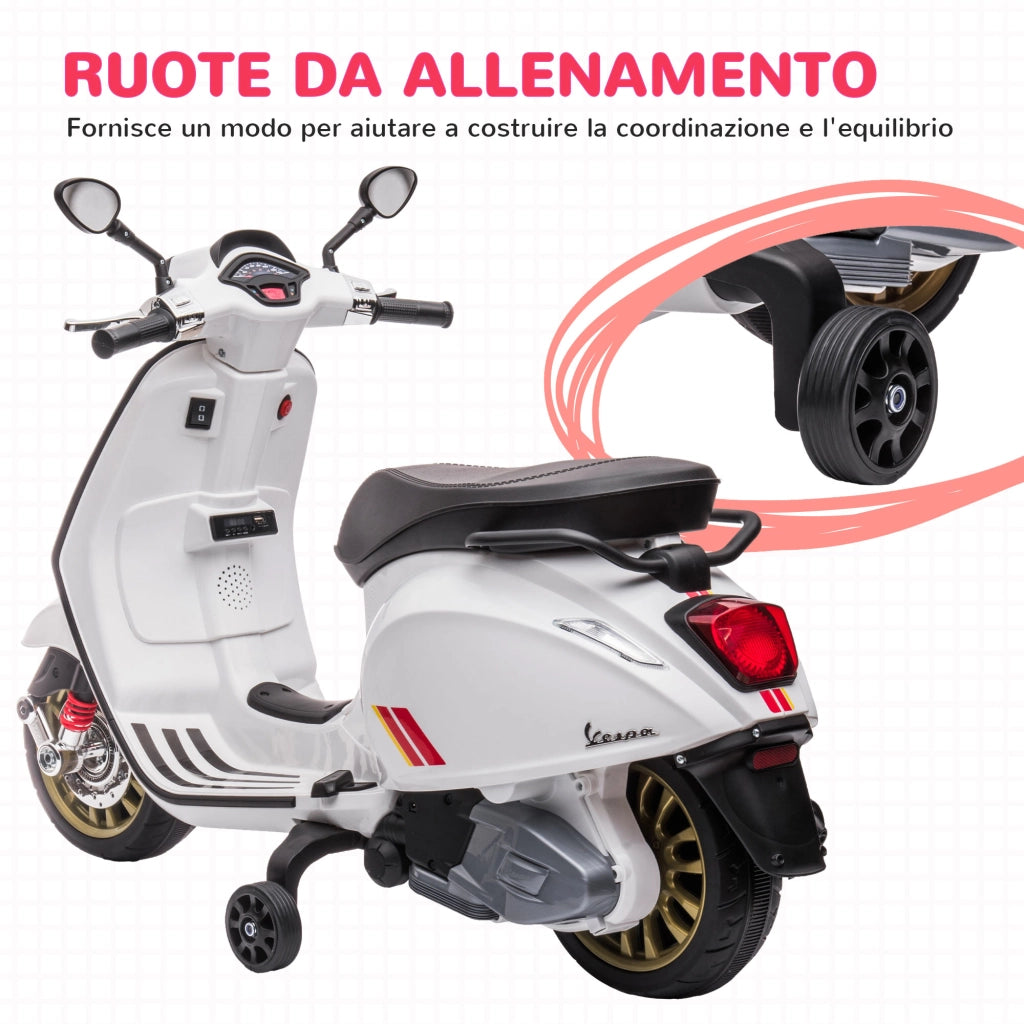 Moto Elettrica Vespa con Licenza ¨C Xylo ¨C Bianco, con Rotelle, Fanale e Musica, 107x47x73 cm