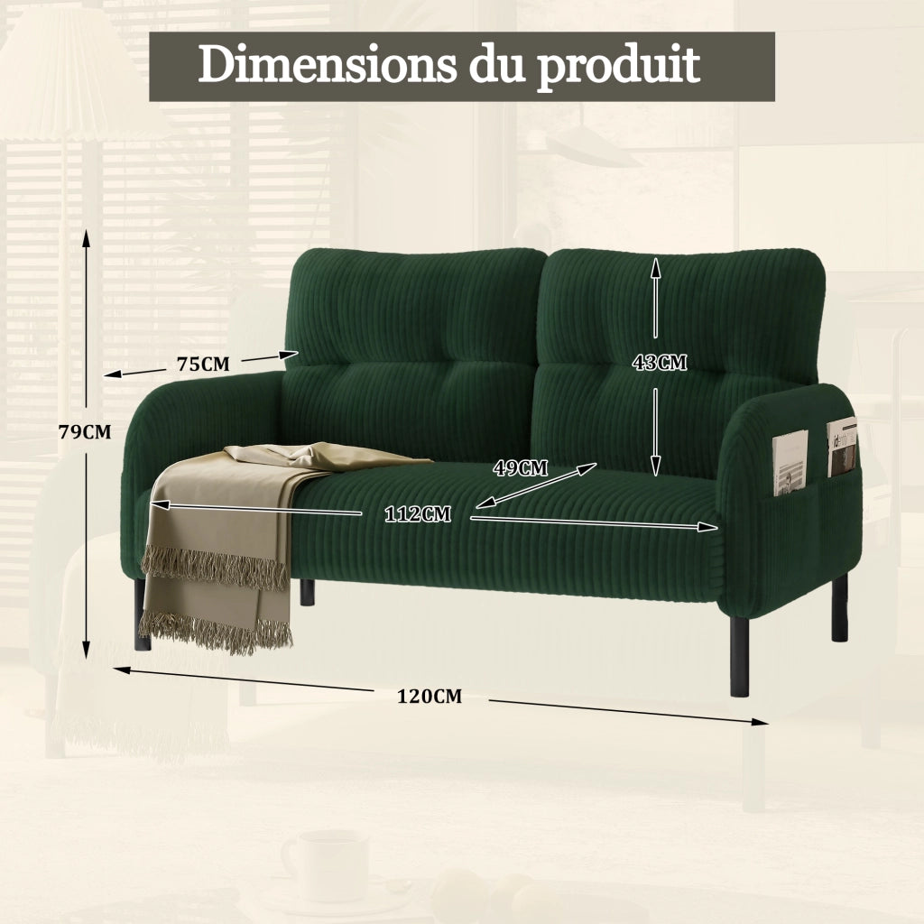 Divano 2 Posti con Schienale Ergonomico; Tasca Laterale e Seduta Profonda in Velluto a Coste Verde Smeraldo 120 × 75 × 79 cm