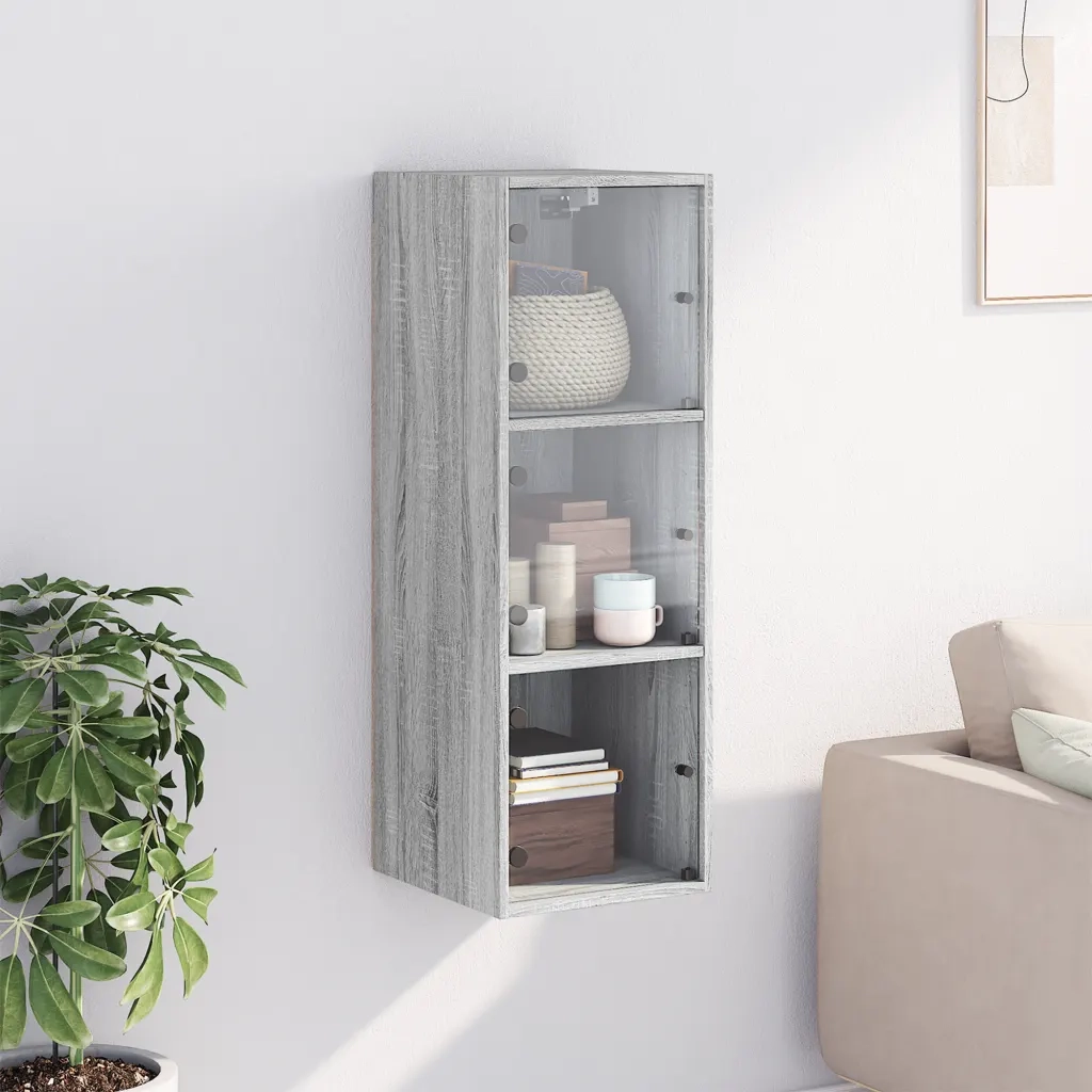 Armadietto a Muro | Mobile a Muro con Ante in Vetro Grigio Sonoma 35x37x100 cm