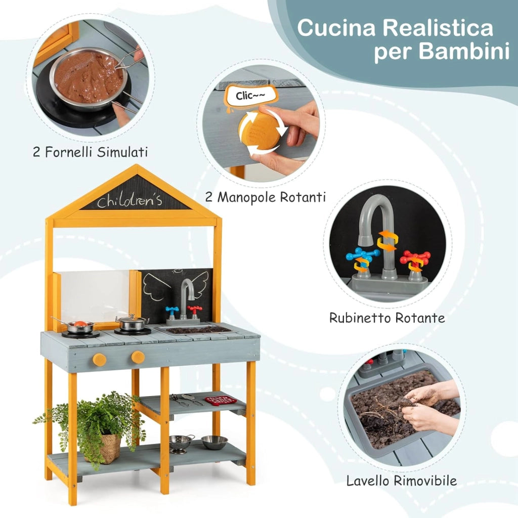 Cucina Giocattolo per Giardino con Vaso da Piantinaggio Trasparente, Rubinetto e Lavandino Rimovibile, Cucina in Legno di Abete per Bambini, Set Cucina con 8 Accessori (Blu e Arancio)