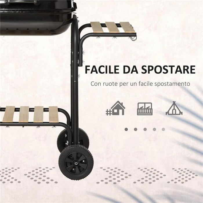 BARBECUE A CARBONE CON COPERCHIO RIPIANI E RUOTE COMPLETO DI SPATOLA PINZA E COLTELLO NERO