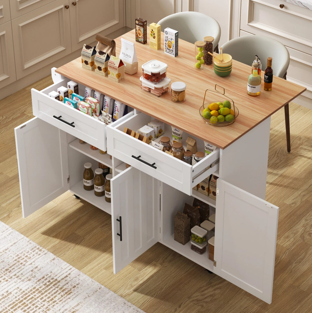 Carrello cucina con piano pieghevole 129x71x91;5 cm in MDF bianco e naturale