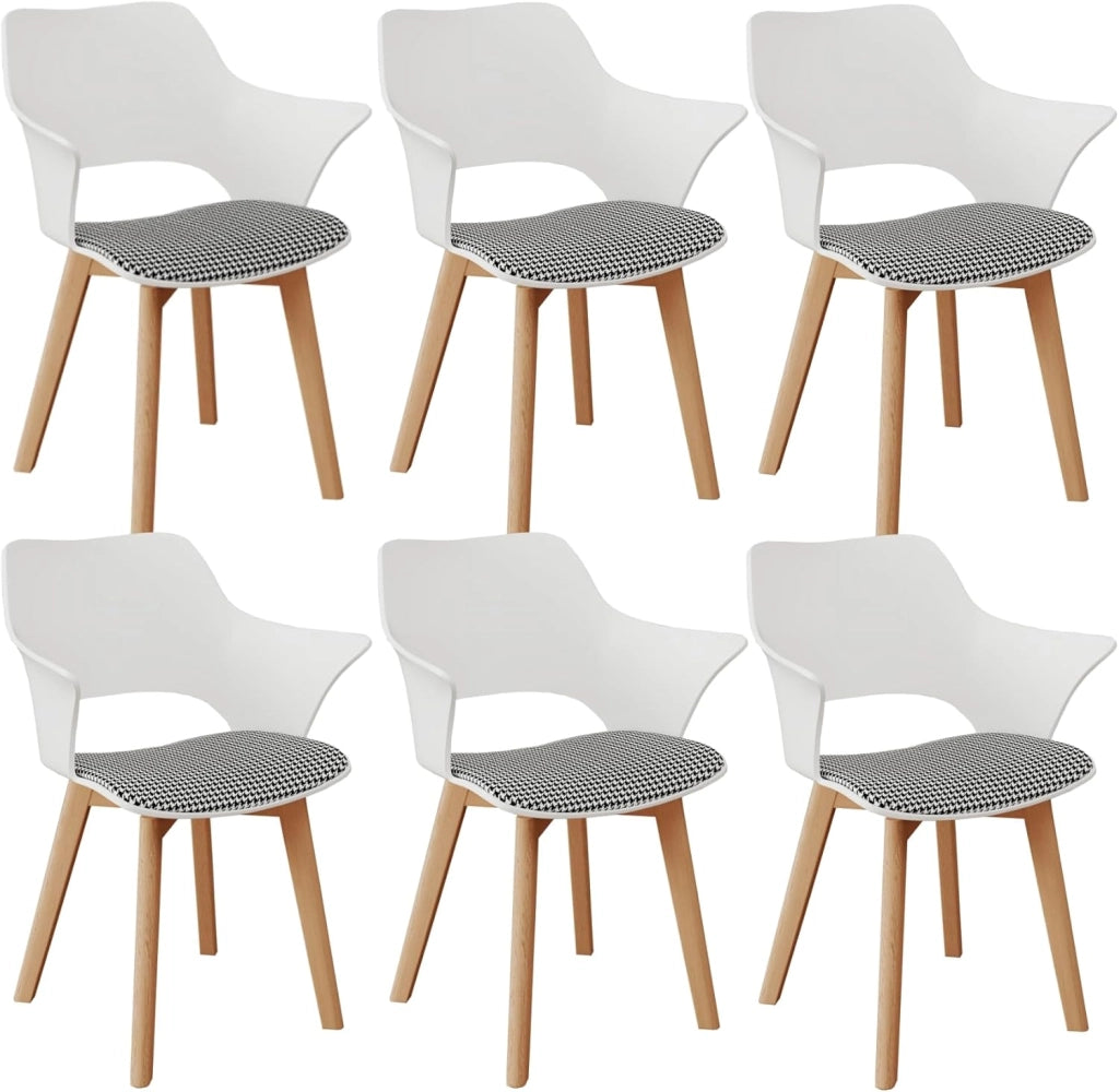 GrandCA HOME Set di 6 Sedie da Cucina Nordica Sedia da Pranzo con Gambe in Legno Massello, Sedie Imbottite per Camera da Letto, Soggiorno, Cucina, Bianco