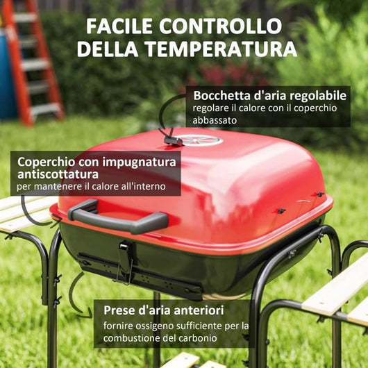 BARBECUE A CARBONE CON 3 RIPIANI E RUOTE, COPERCHIO CON PRESA D'ARIA REGOLABILE, ROSSO
