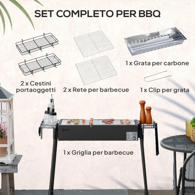 BARBECUE A CARBONELLA CON 2 GRIGLIE E CESTINI LATERALI, 94X39X70CM, NERO