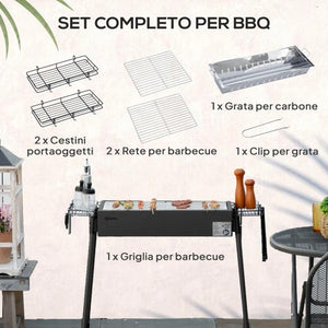 BARBECUE A CARBONELLA CON 2 GRIGLIE E CESTINI LATERALI, 94X39X70CM, NERO