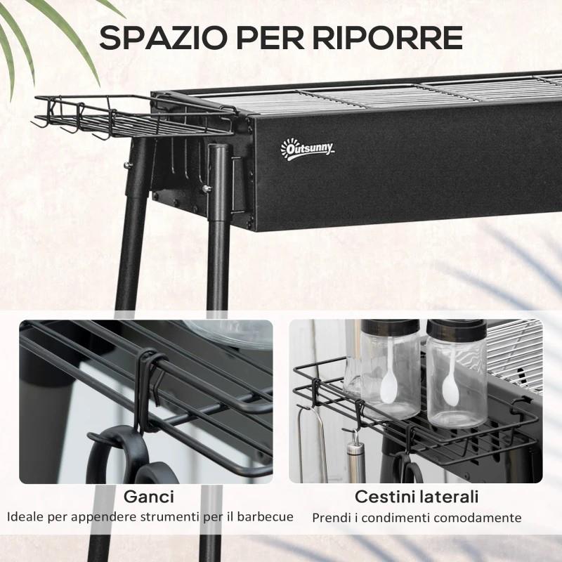 BARBECUE A CARBONELLA CON 2 GRIGLIE E CESTINI LATERALI, 94X39X70CM, NERO