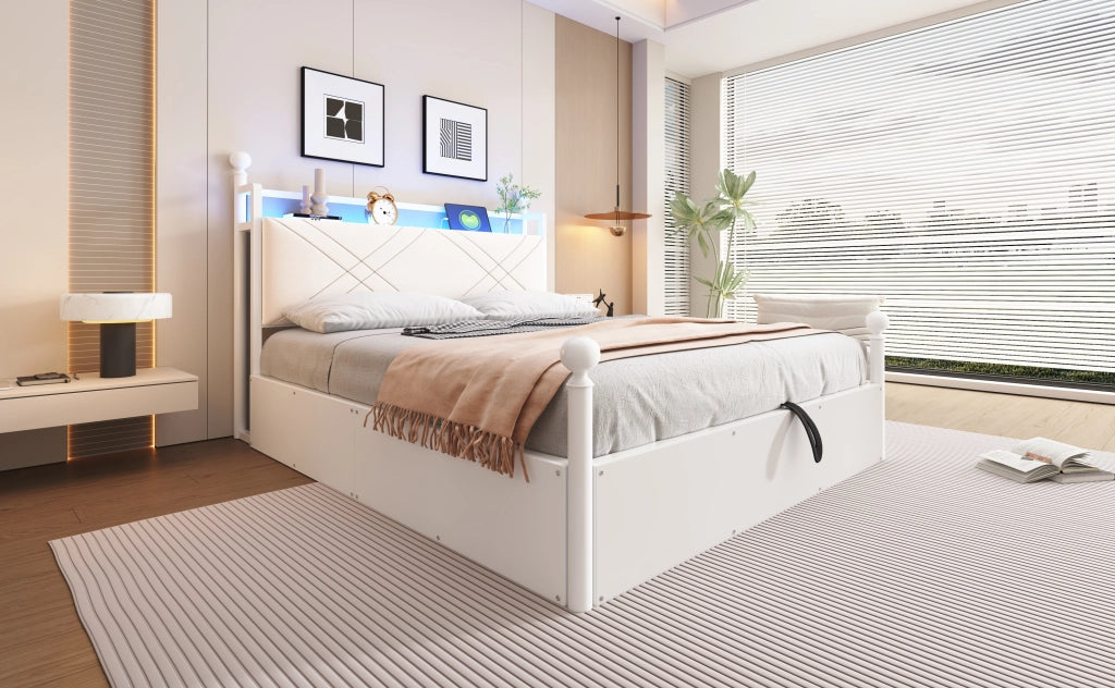 Letto contenitore 140 × 190 cm con baldacchino rimovibile, LED, USB e Type-C, senza materasso, bianco