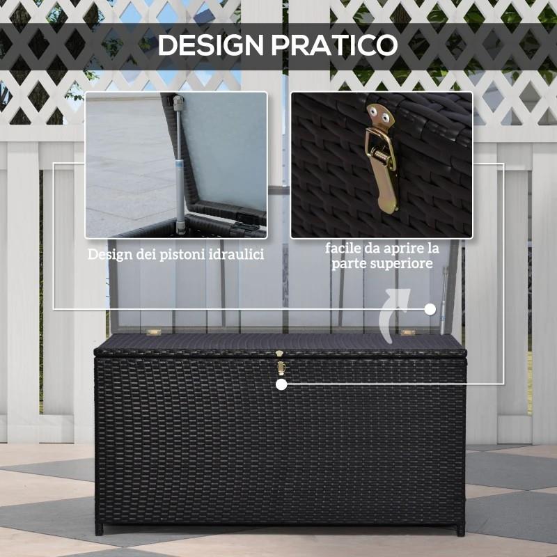 BAULE DA ESTERNO DA 284L CON PISTONE A GAS, RATTAN PE E ACCIAIO, 118X54X59 CM, MARRONE SCURO
