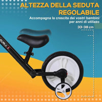 BICI SENZA PEDALI PER BAMBINI DA 2-5 ANNI CON SELLINO REGOLABILE, RUOTE AUSILIARIE E PEDALI, NERO