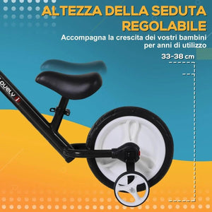 BICI SENZA PEDALI PER BAMBINI DA 2-5 ANNI CON SELLINO REGOLABILE, RUOTE AUSILIARIE E PEDALI, NERO