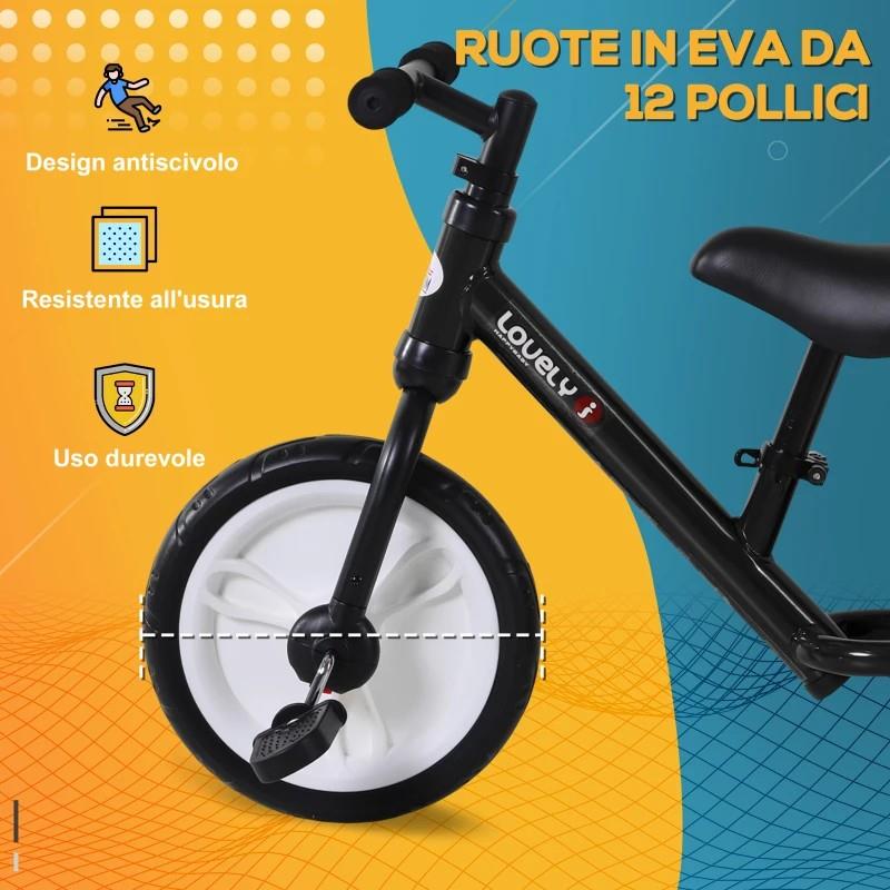 BICI SENZA PEDALI PER BAMBINI DA 2-5 ANNI CON SELLINO REGOLABILE, RUOTE AUSILIARIE E PEDALI, NERO