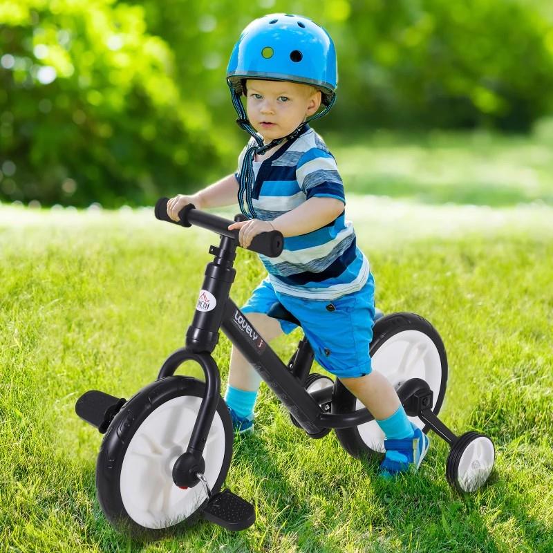 BICI SENZA PEDALI PER BAMBINI DA 2-5 ANNI CON SELLINO REGOLABILE, RUOTE AUSILIARIE E PEDALI, NERO