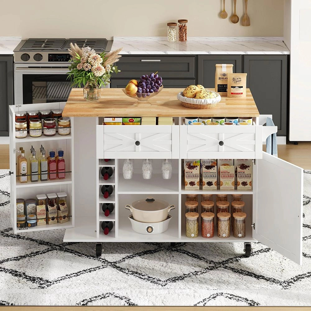 Isola da cucina con piano ribaltabile - Xylo - 120 x 45(70) x 89 cm - Bianco - 5 ruote bloccabili, scaffale porta, portabottiglie e portabicchieri