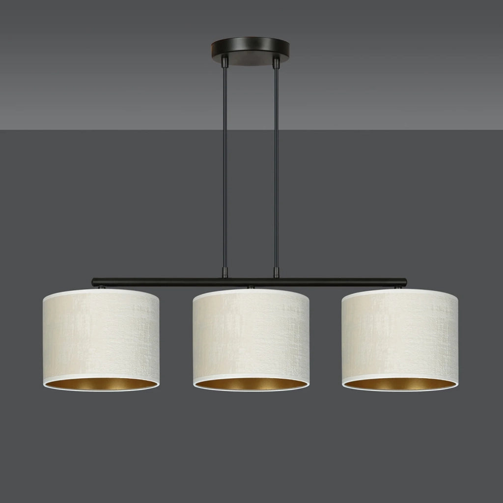 Lampadario 3 Luci Ganesha In Acciaio Nero E Paralumi In Tessuto Beige