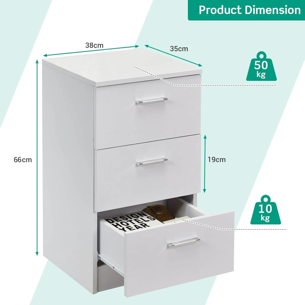 Comodino Camera, Armadietto Laterale, Mobiletto Fianco Letto, con 3 Cassetti, per Ufficio/Soggiorno/Studio, Portata di 80kg, 38x35x66cm, Nero/Bianco