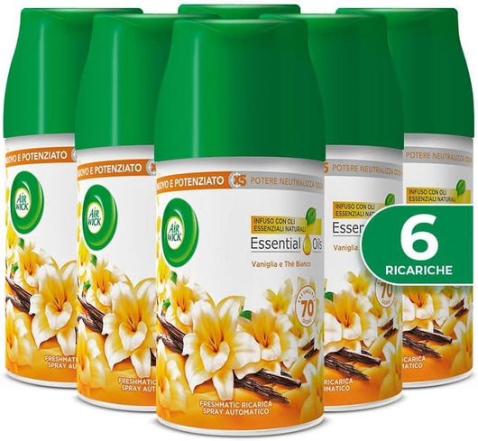 AIR WICK SET DA 6 PZ FRESHMATIC RICARICA SPRAY AUTOMATICO POTERE NEUTRALIZZA ODORI INFUSO CON OLI ESSENZIALI NATURALI FRAGRANZA VANIGLIA E THÈ BIANCO 250 ML