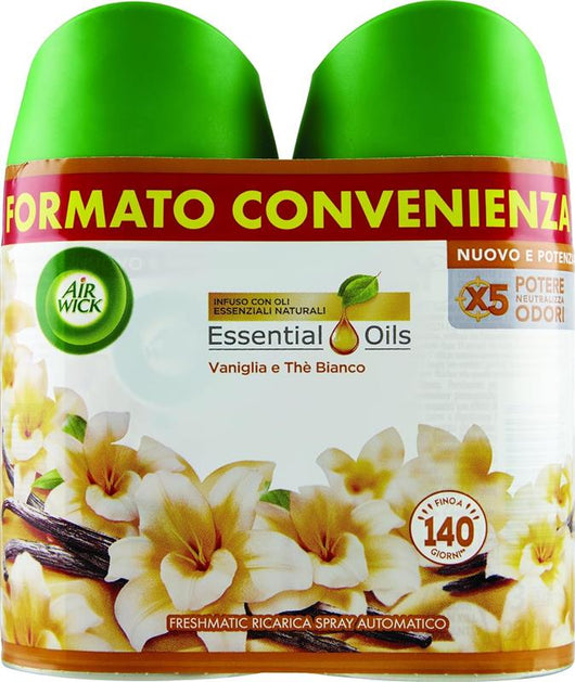 AIR WICK SET DA 2 PZ FRESHMATIC RICARICA SPRAY AUTOMATICO POTERE NEUTRALIZZA ODORI INFUSO CON OLI ESSENZIALI NATURALI FRAGRANZA VANIGLIA E THÈ BIANCO 250 ML